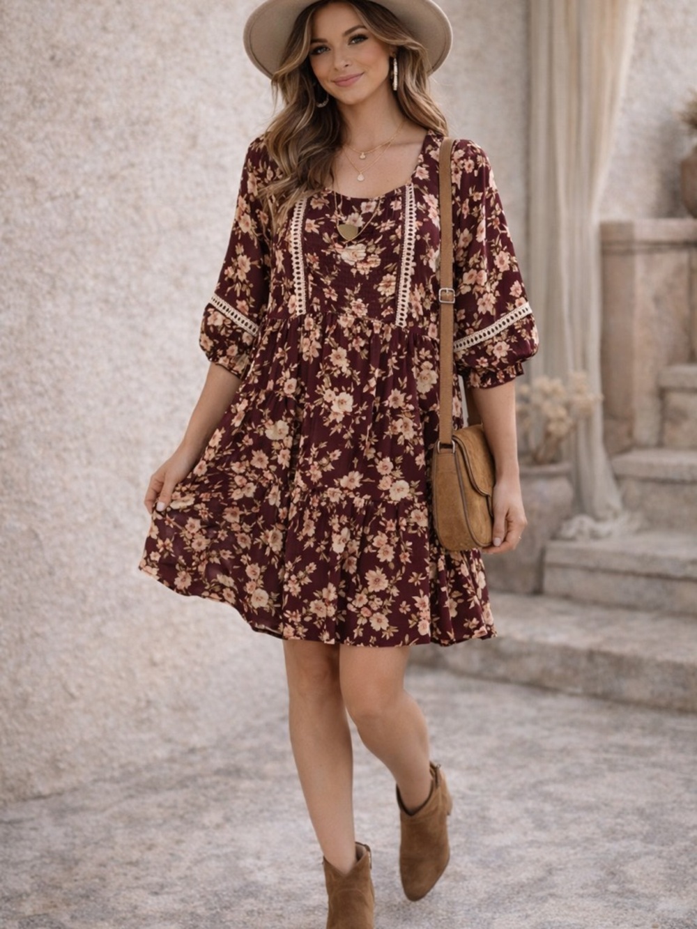 KORI America Burgundy Floral Babydoll Dress Medium Boho Cottagecore Tiered Mini